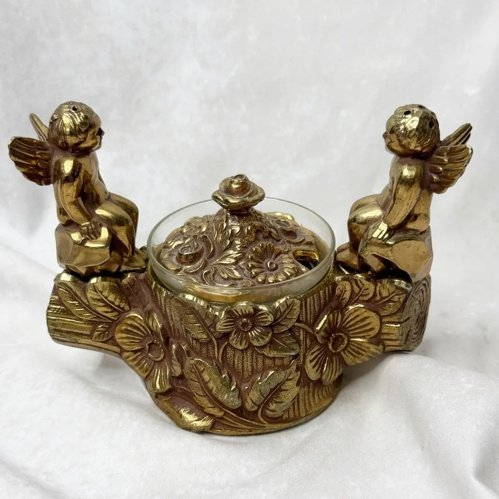 VINTAGE Cherub Shakers with Covered Salt Cellar on Floral Branch Stand PAT 07682 - Picture 2 of 16